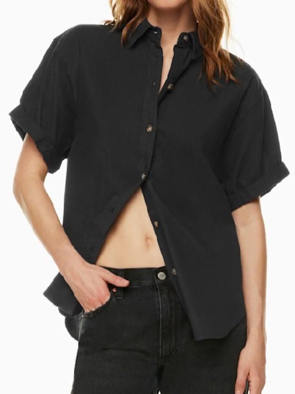 Aritzia Denim Forum Black Short-Sleeve Button-Down Shirt 8975